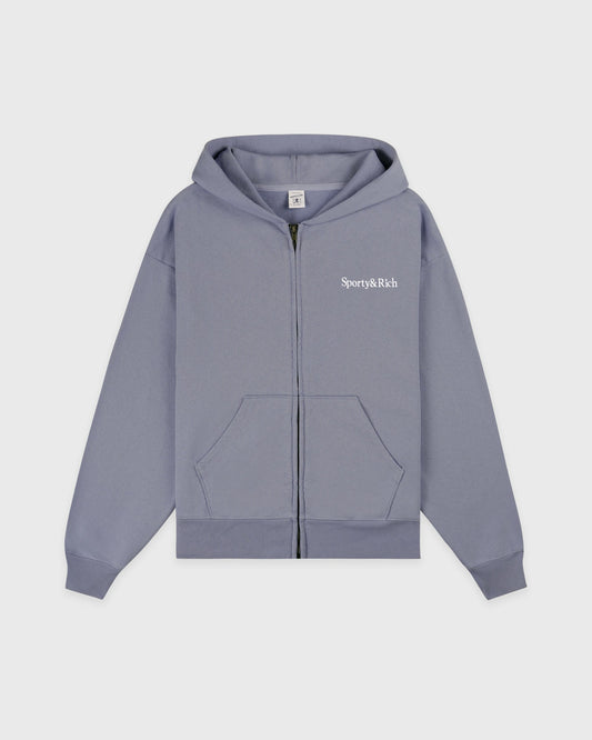 Serif Logo Embroidered Zip Hoodie - Faded Indigo/White