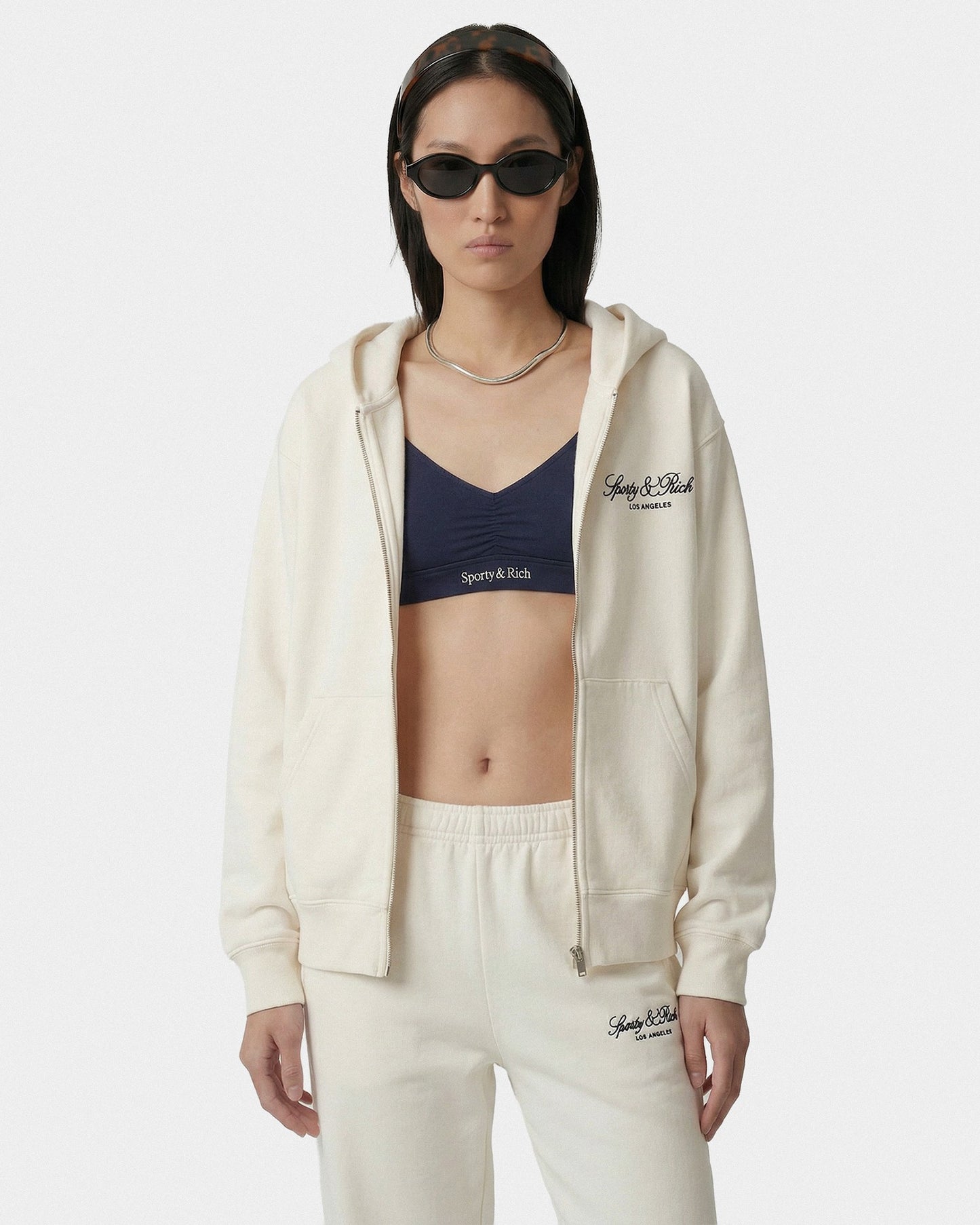 Vendome LA Embroidered Zip Hoodie - Ecru/Navy