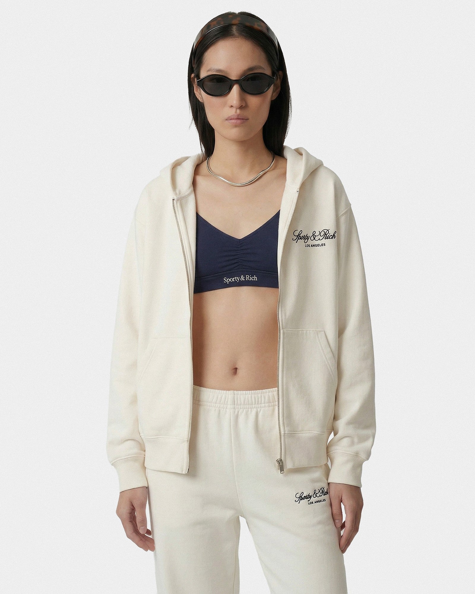 Vendome LA Embroidered Zip Hoodie - Ecru/Navy