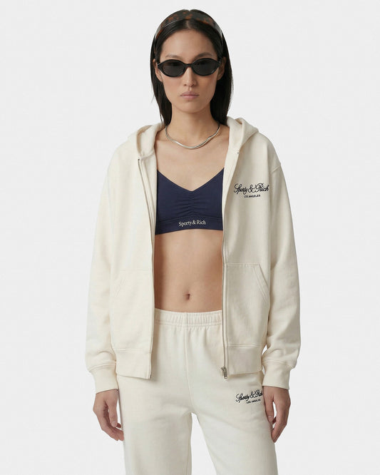 Vendome LA Embroidered Zip Hoodie - Ecru/Navy