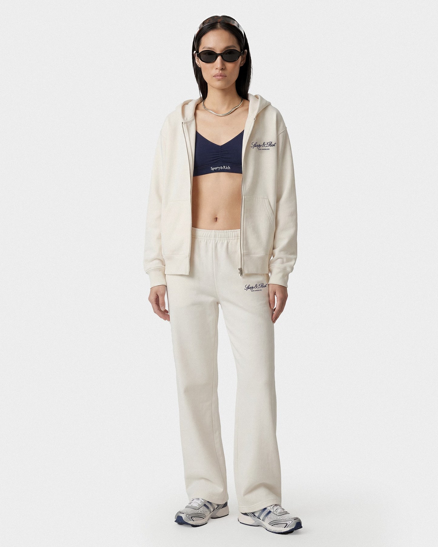 Vendome LA Embroidered Zip Hoodie - Ecru/Navy
