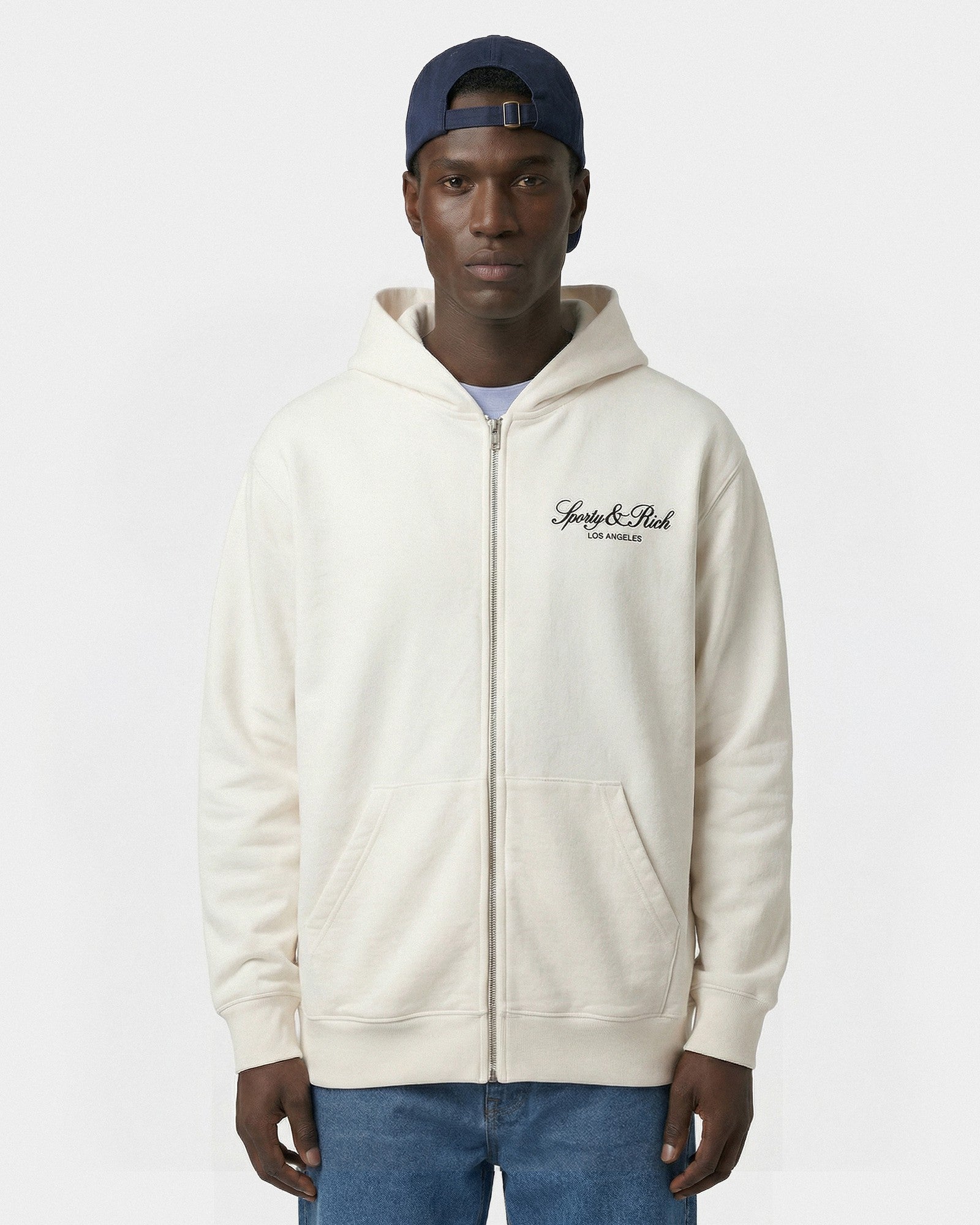 Vendome LA Embroidered Zip Hoodie - Ecru/Navy