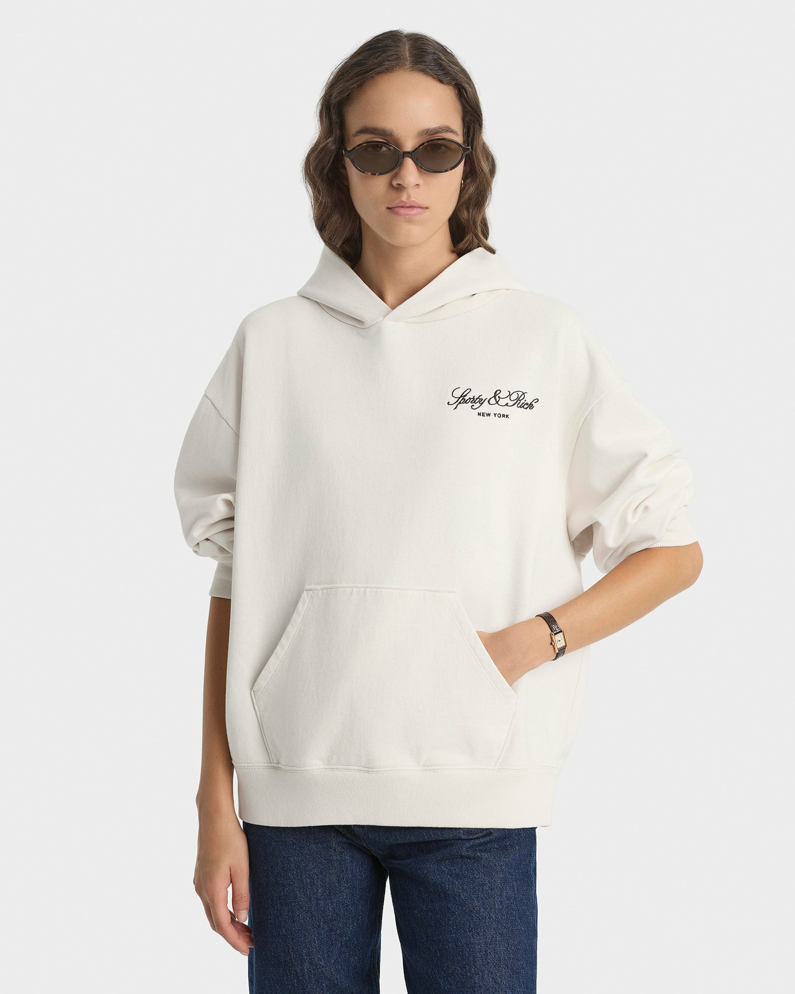 Vendome Script Embroidered Hoodie - Ecru/Chocolate