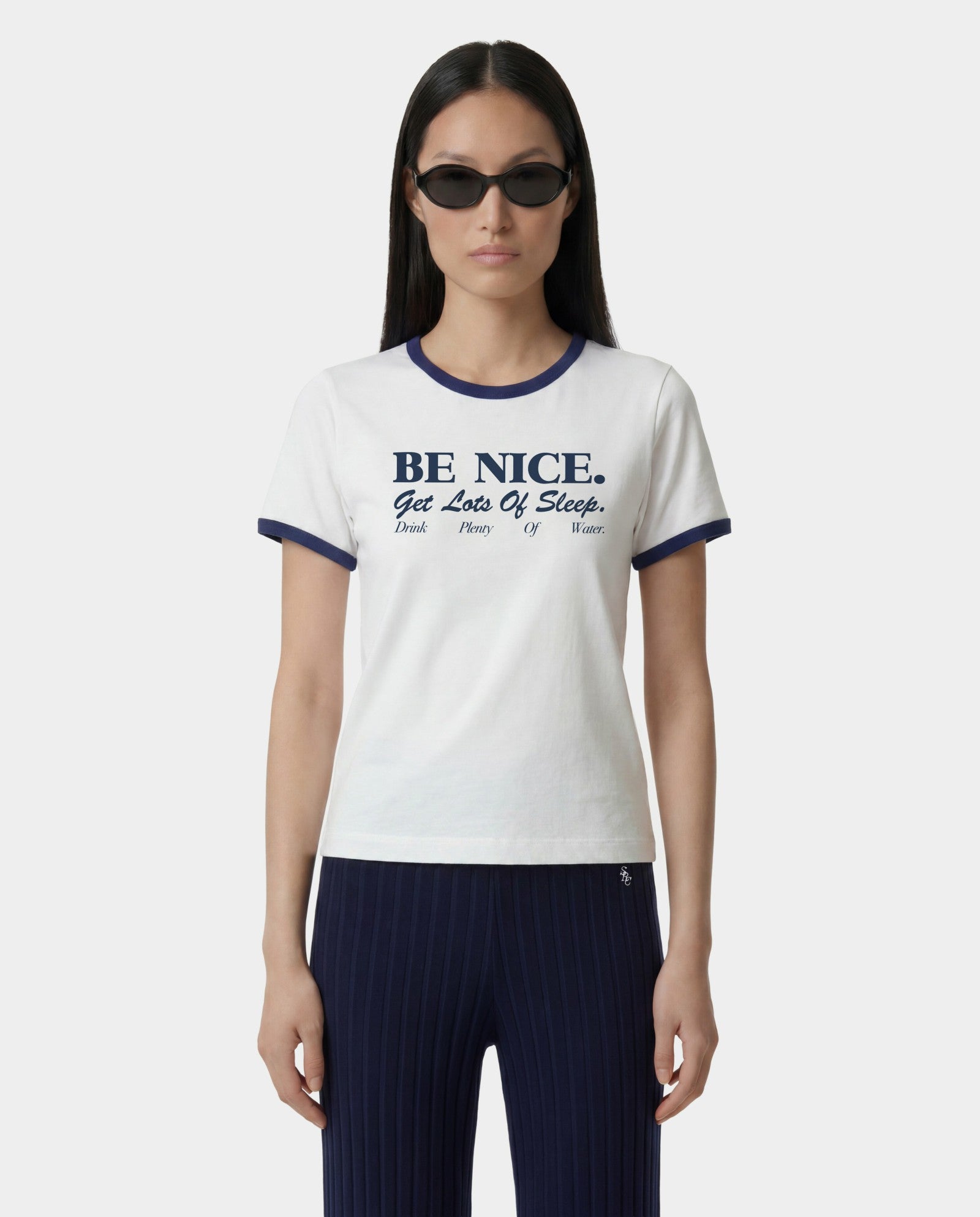 Be Nice Soft Ringer Tee - White/Light Navy