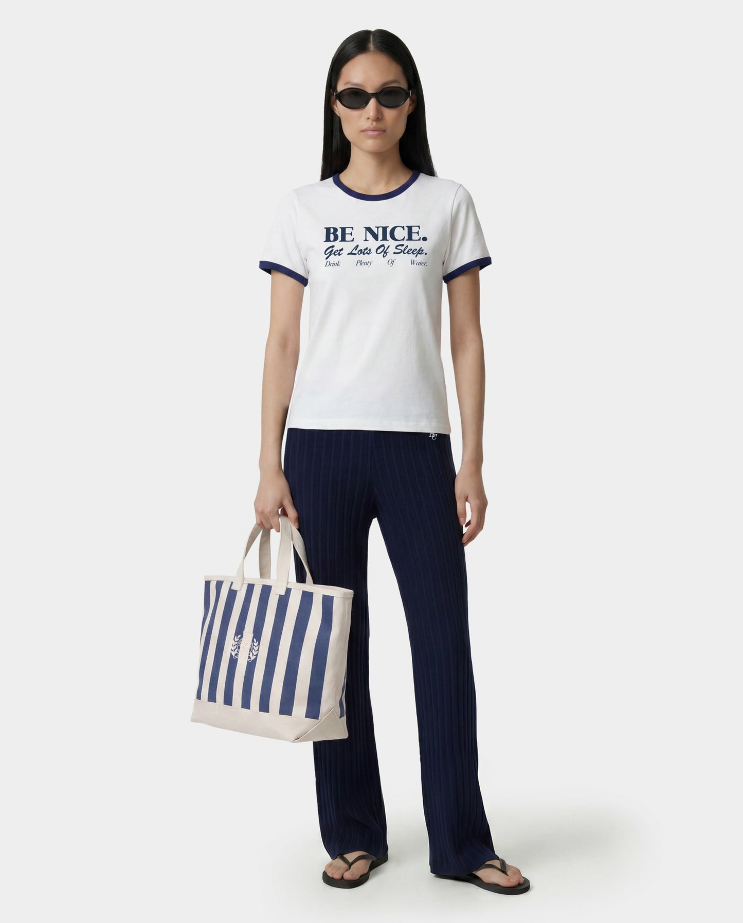 Be Nice Soft Ringer Tee - White/Light Navy