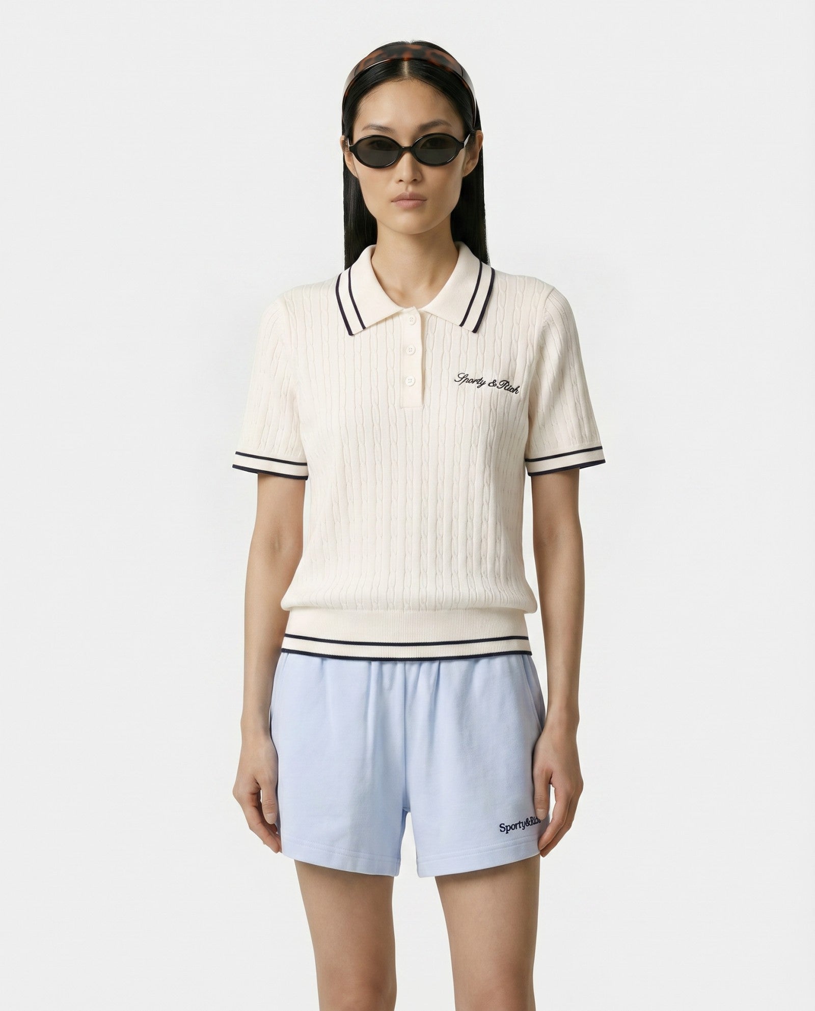 Signature Logo Mini Cable Polo - Ecru/Navy