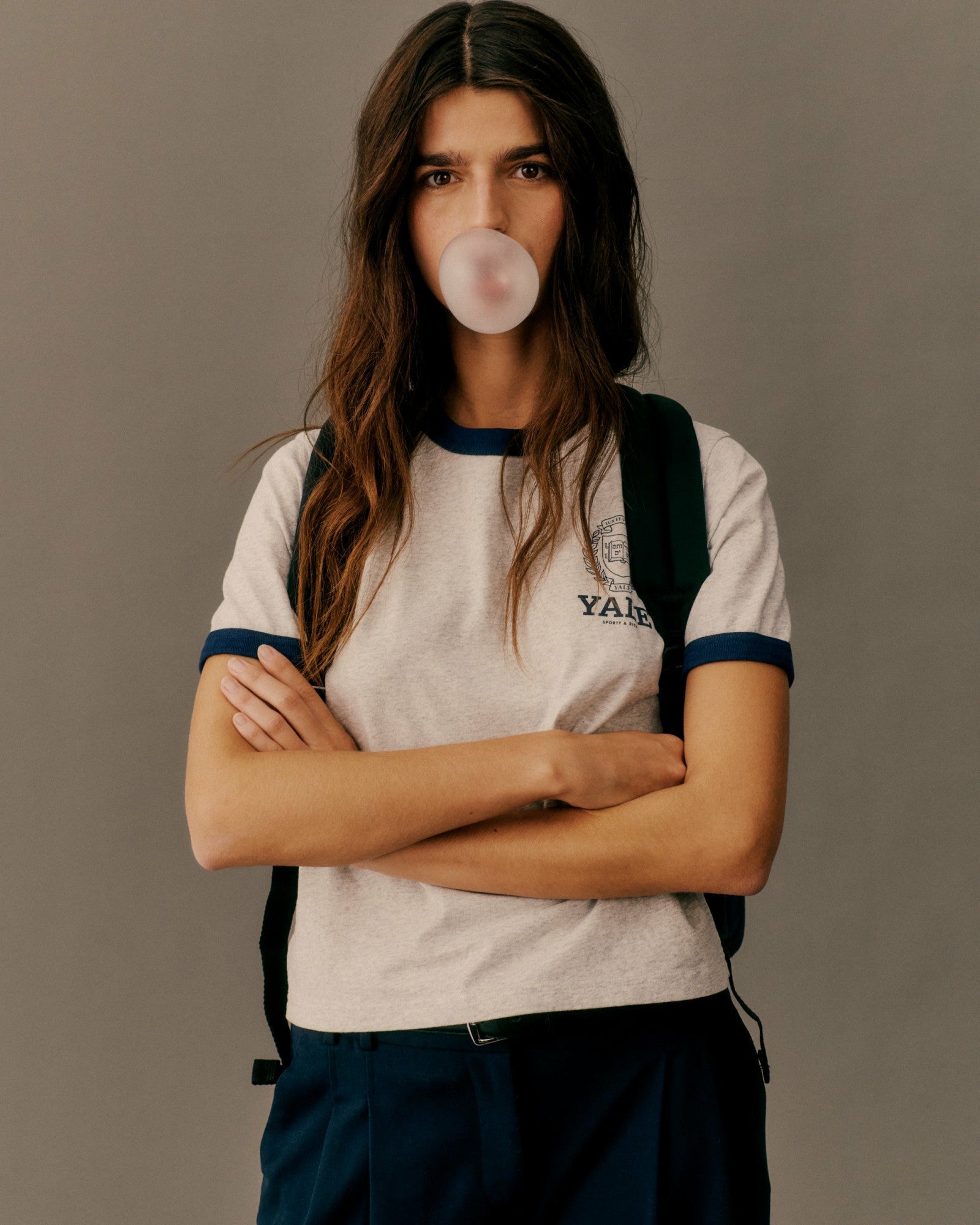 Yale Crest Ringer Tee - Heather Gray/Navy