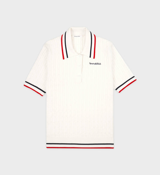 Serif Logo Mini Cable Polo - White/Navy/Ruby