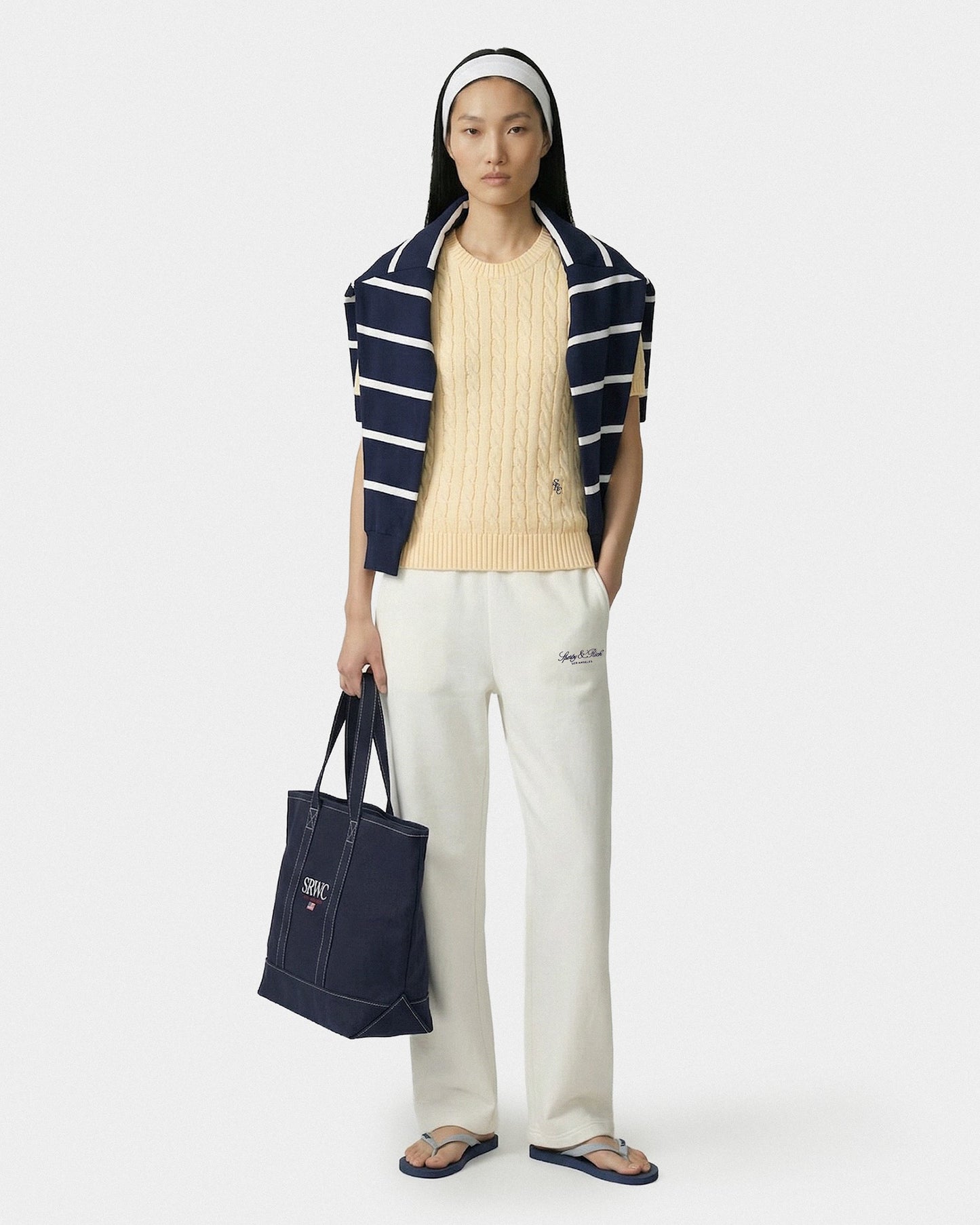 Vendome LA Embroidered Wide Sweatpant - Ecru/Navy