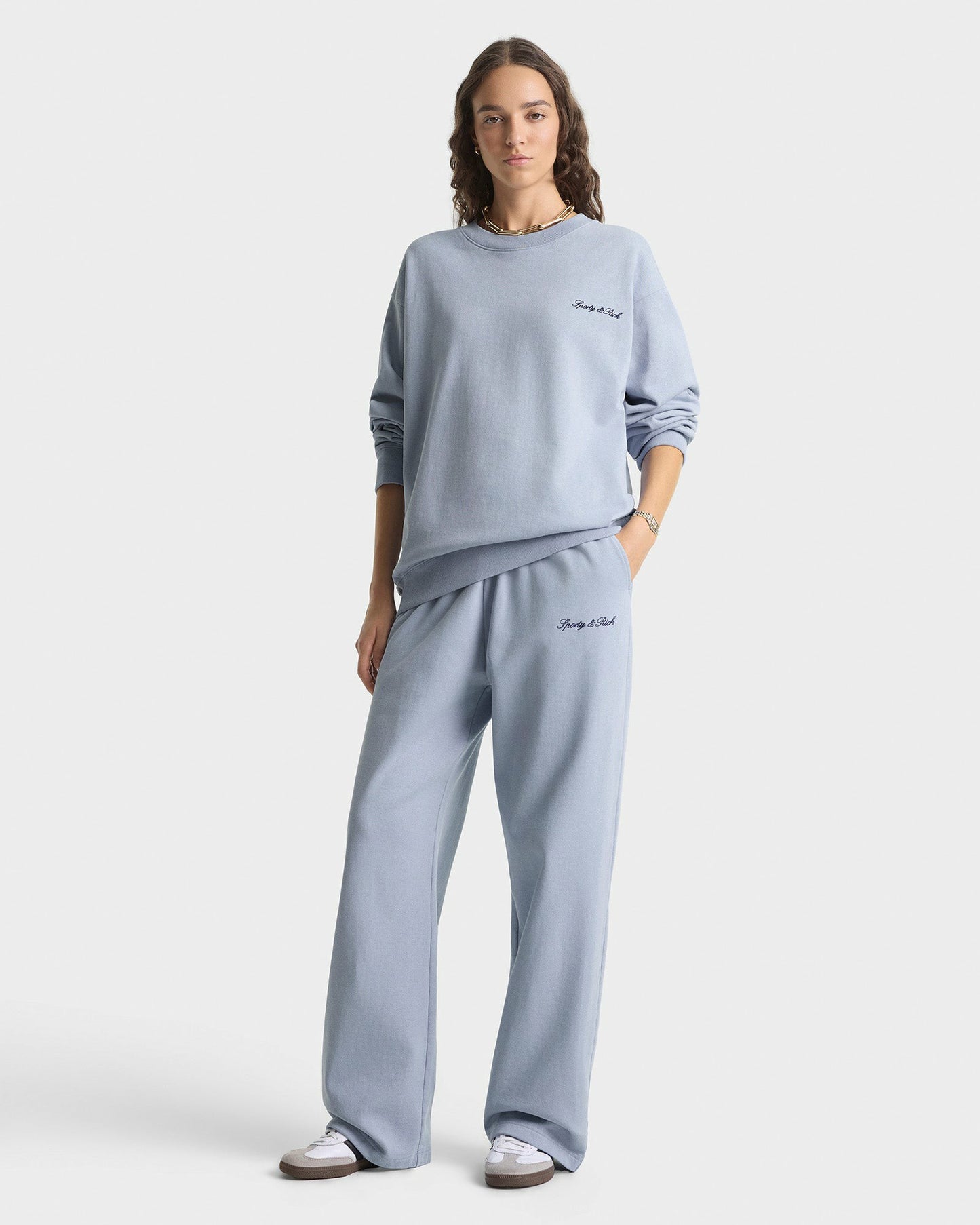 Signature Logo Embroidered Wide Sweatpant - Faded Blue/Navy
