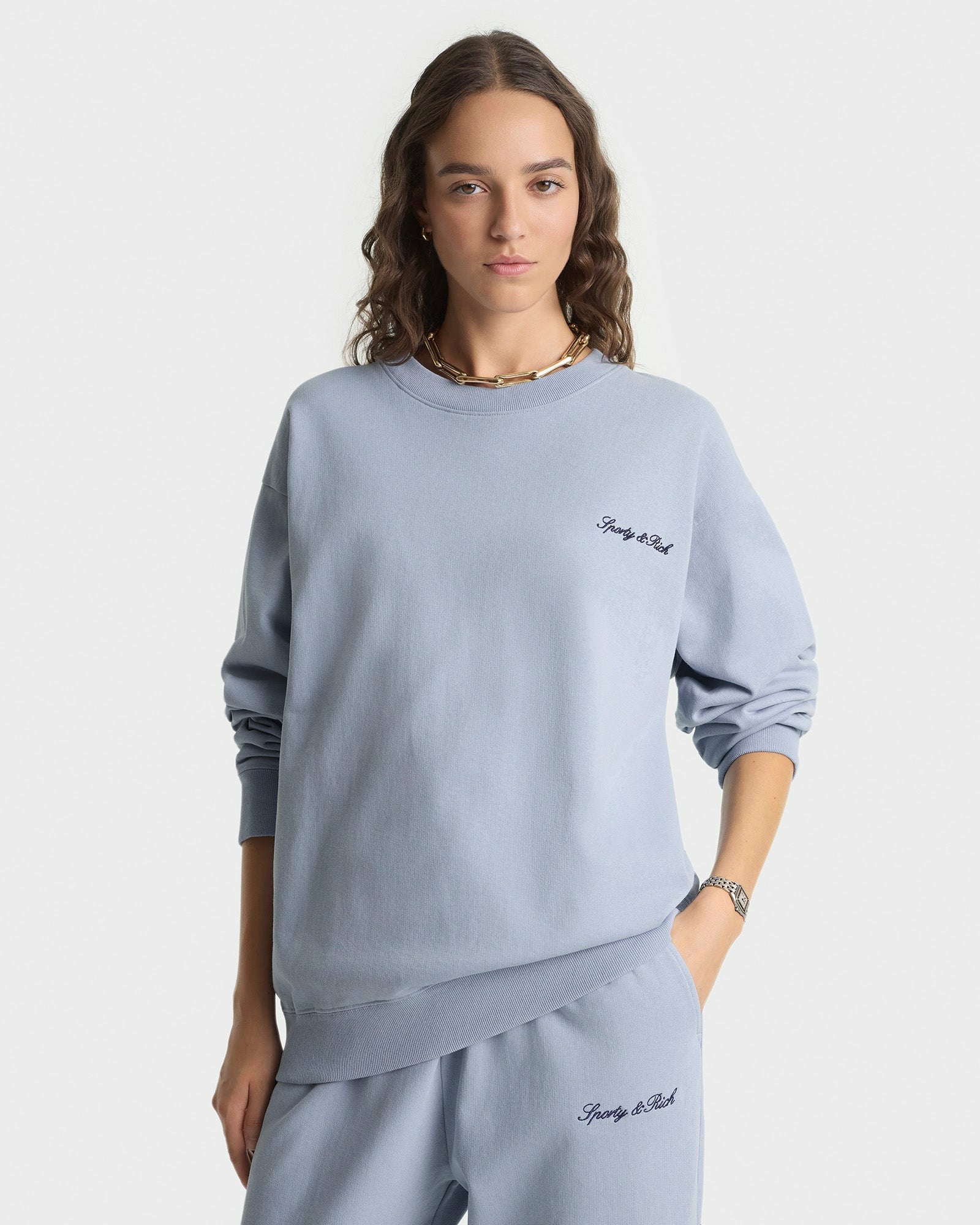 Signature Logo Embroidered Wide Sweatpant - Faded Blue/Navy