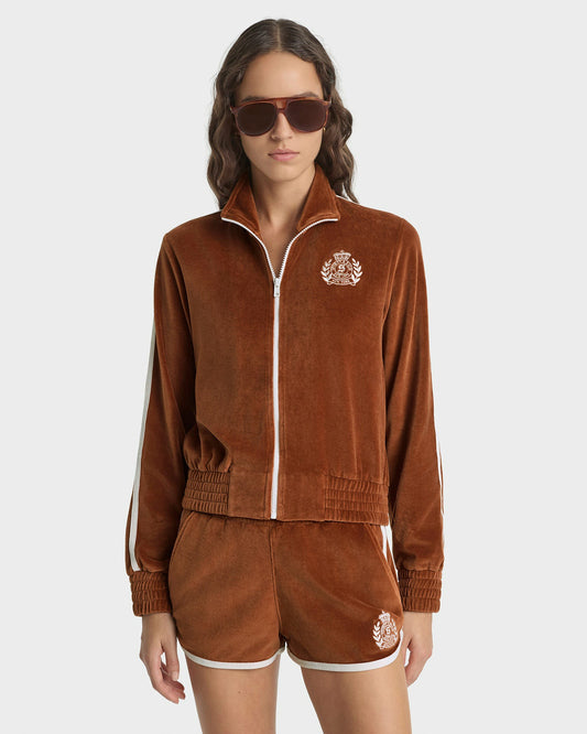 NY Crest Velour Track Short - Tobacco/White