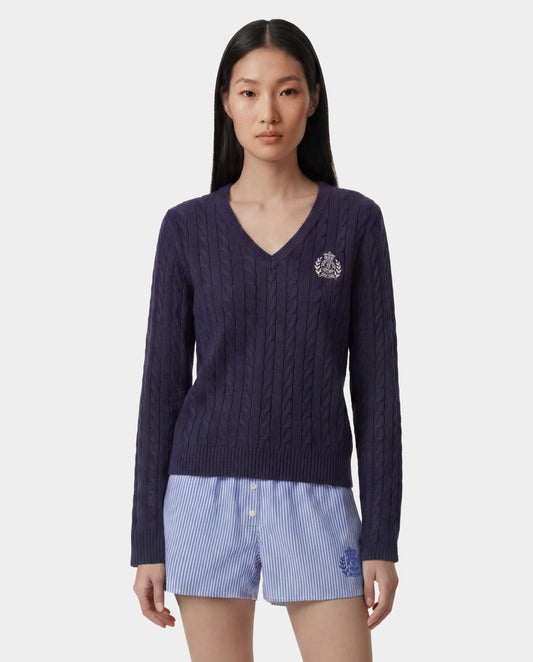NY Crest V-Neck Cable Sweater - Light Navy/Ecru
