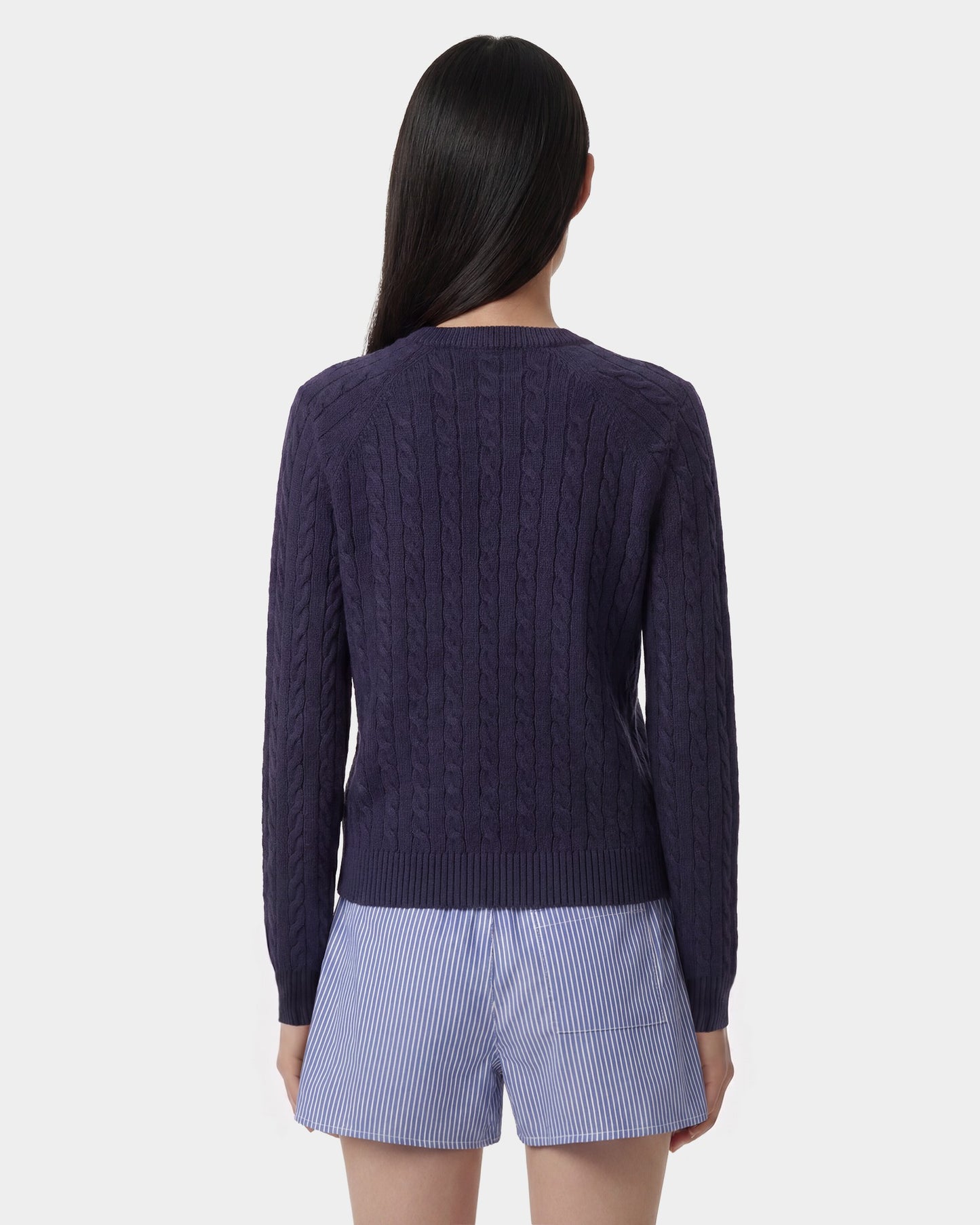 NY Crest V-Neck Cable Sweater - Light Navy/Ecru