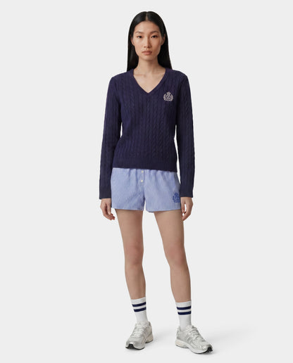 NY Crest V-Neck Cable Sweater - Light Navy/Ecru