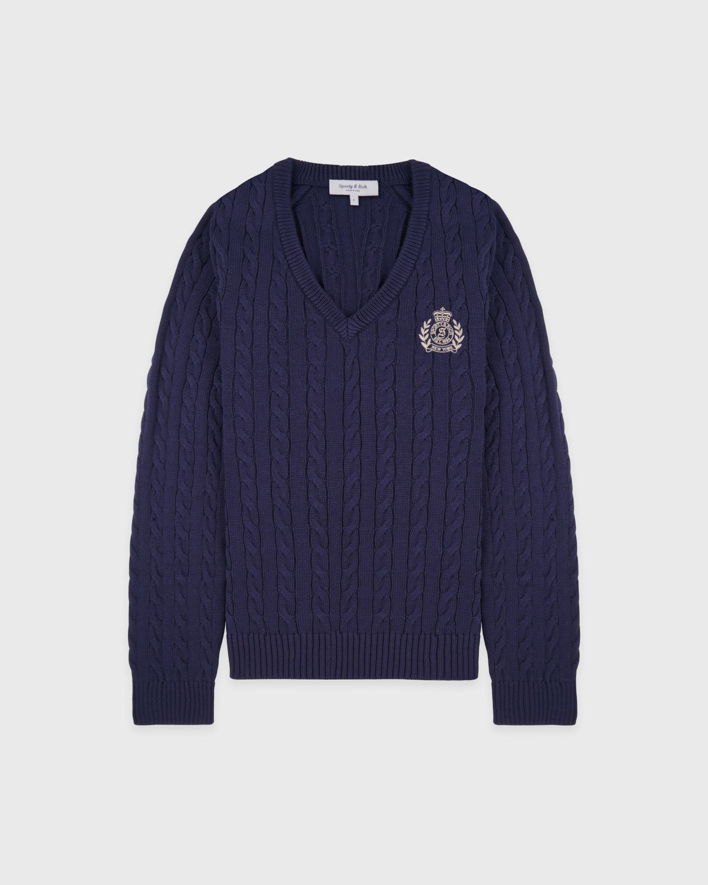 NY Crest V-Neck Cable Sweater - Light Navy/Ecru