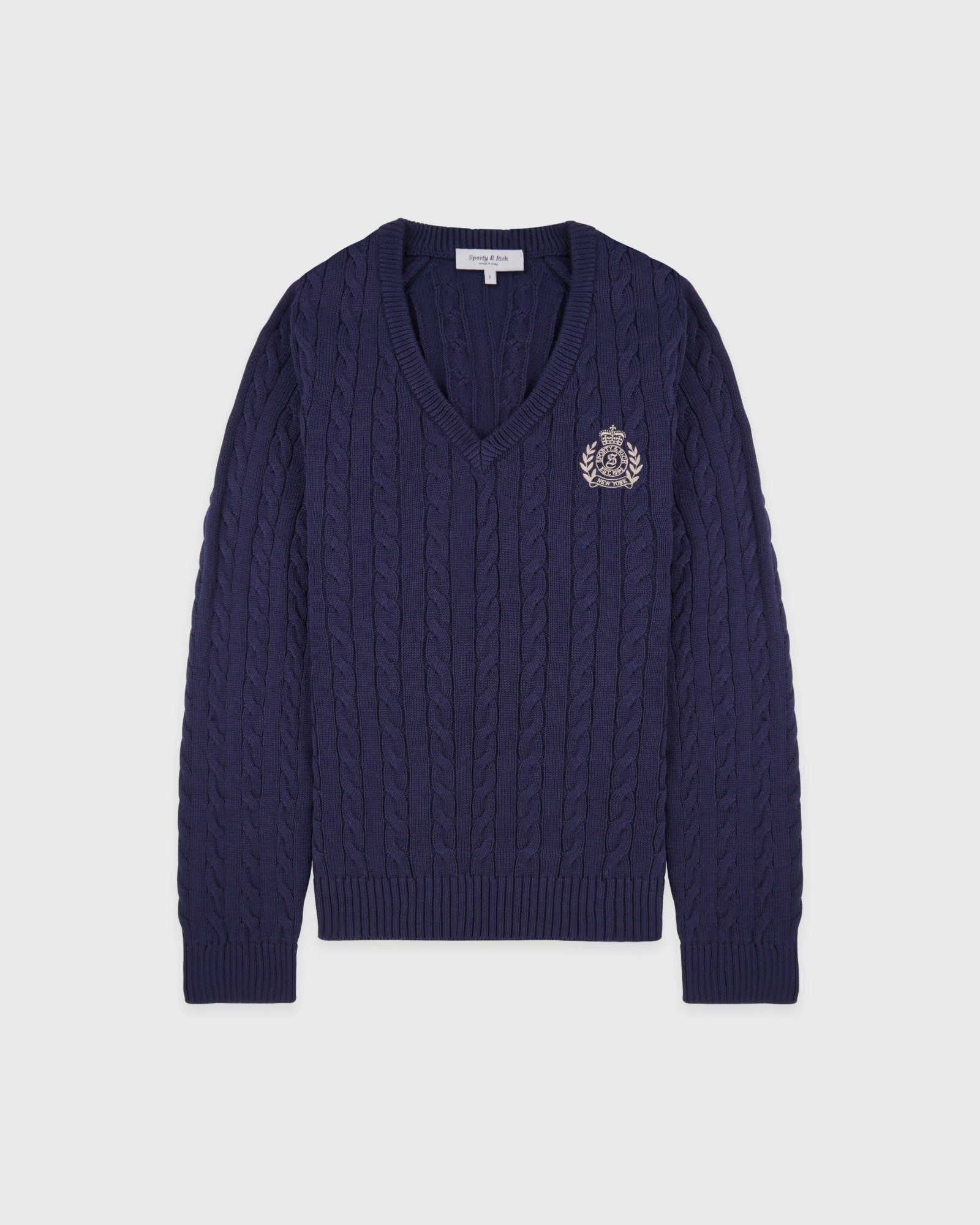 NY Crest V-Neck Cable Sweater - Light Navy/Ecru