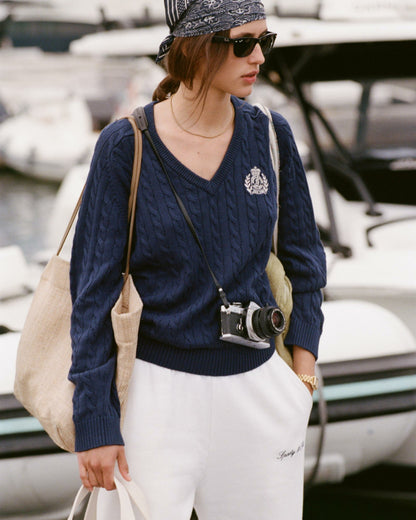 NY Crest V-Neck Cable Sweater - Light Navy/Ecru