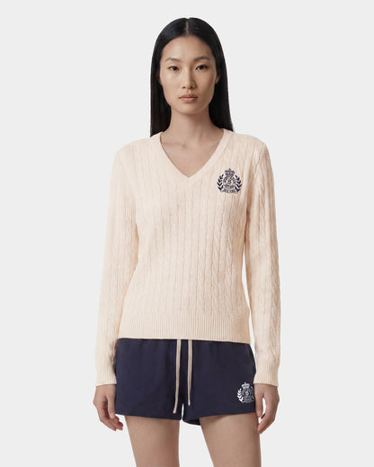 NY Crest V-Neck Cable Sweater - Ecru/Light Navy