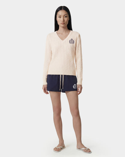 NY Crest V-Neck Cable Sweater - Ecru/Light Navy