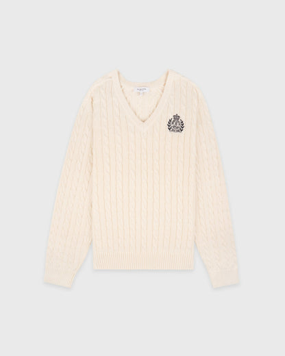 NY Crest V-Neck Cable Sweater - Ecru/Light Navy