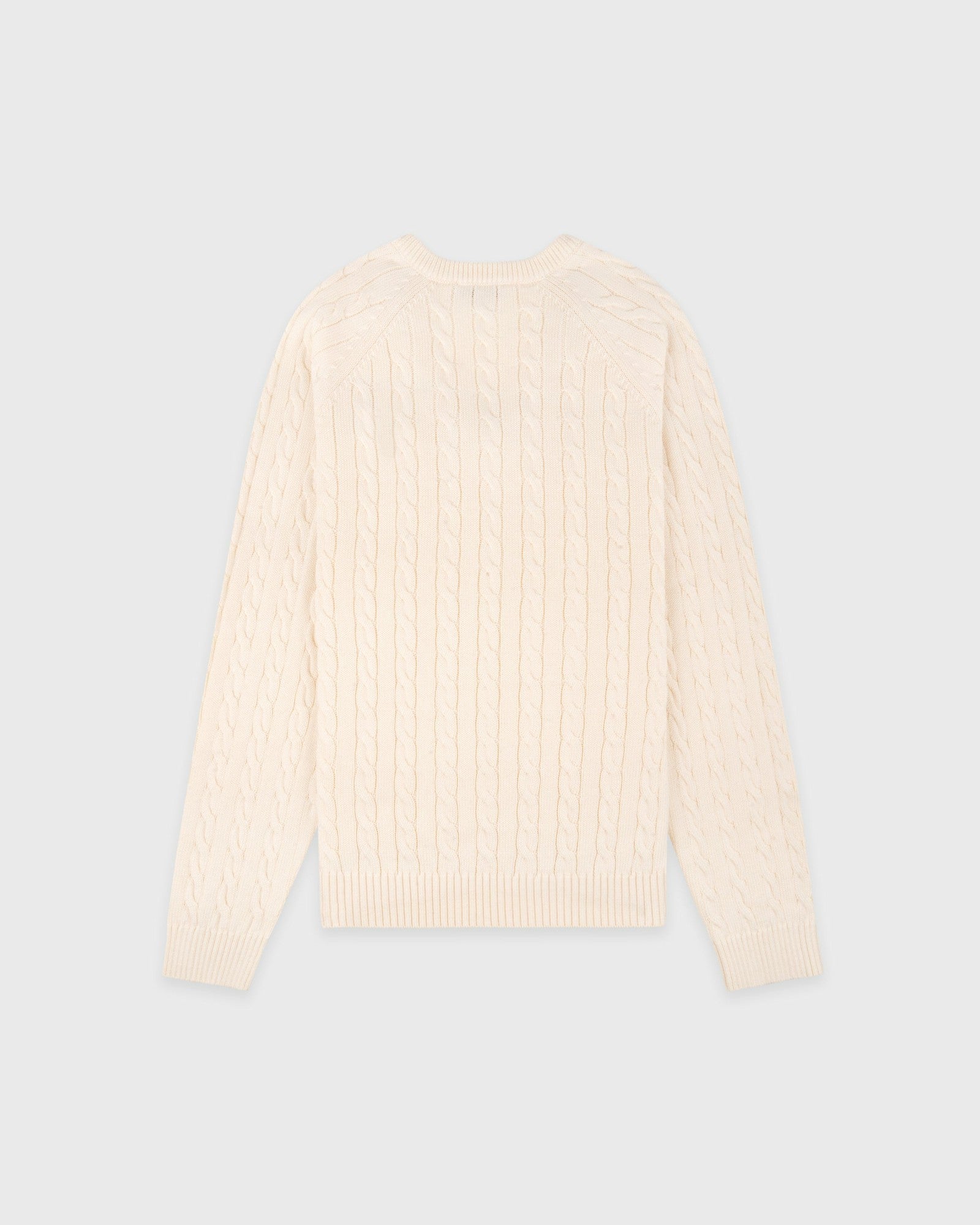 NY Crest V-Neck Cable Sweater - Ecru/Light Navy