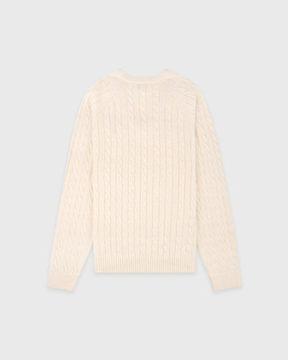 NY Crest V-Neck Cable Sweater - Ecru/Light Navy