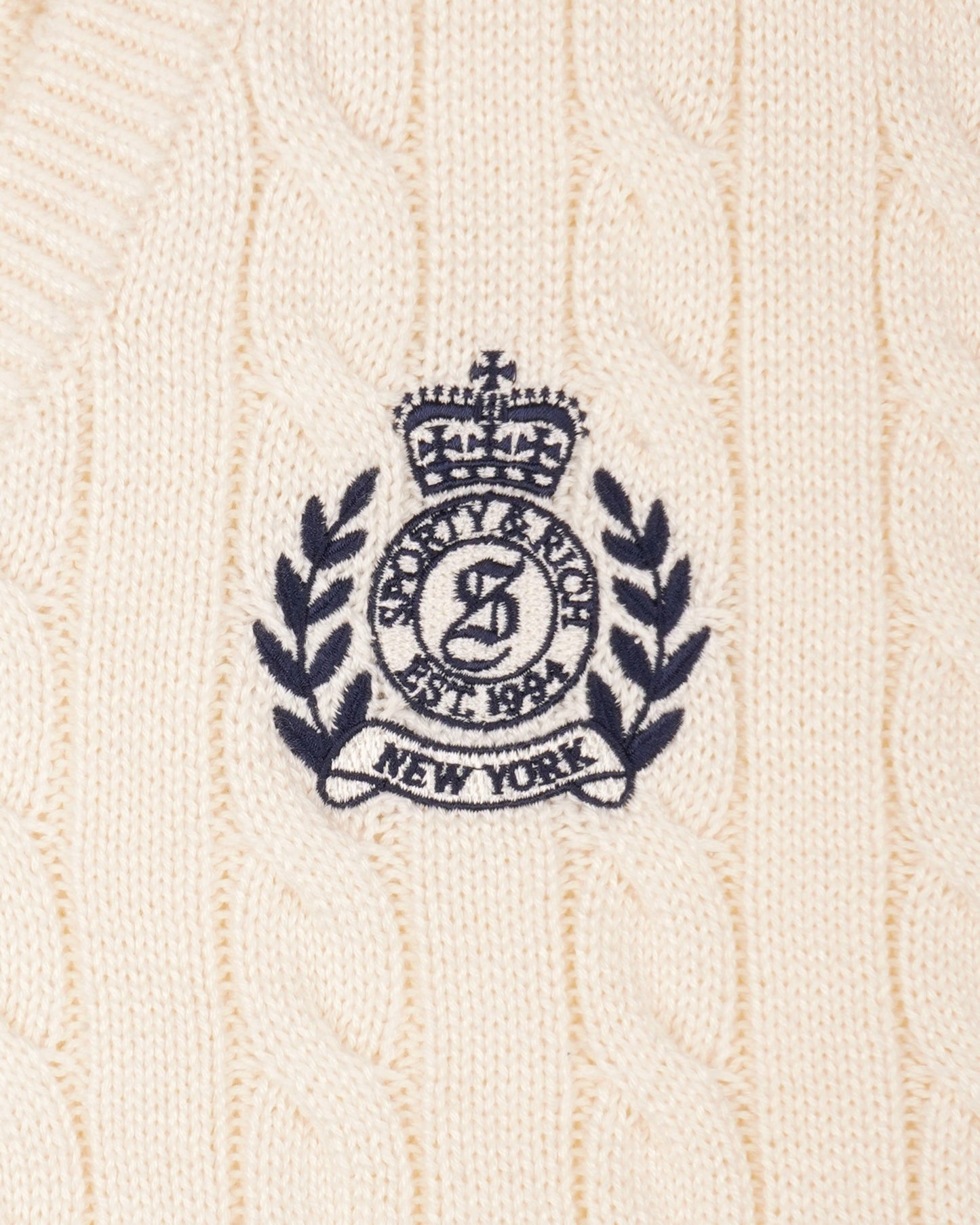 NY Crest V-Neck Cable Sweater - Ecru/Light Navy
