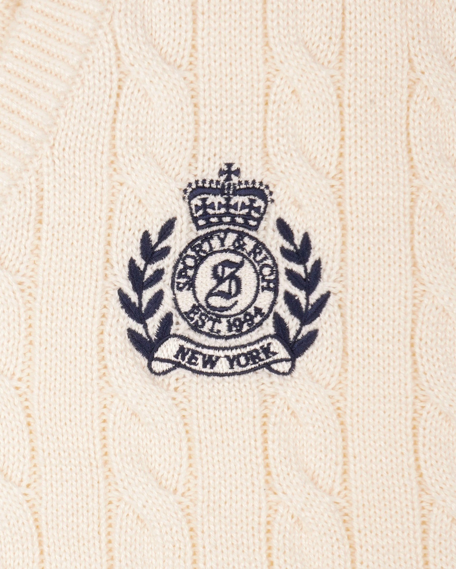 NY Crest V-Neck Cable Sweater - Ecru/Light Navy