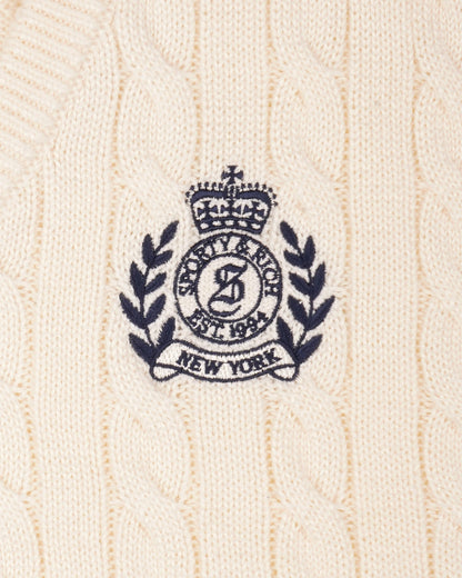 NY Crest V-Neck Cable Sweater - Ecru/Light Navy