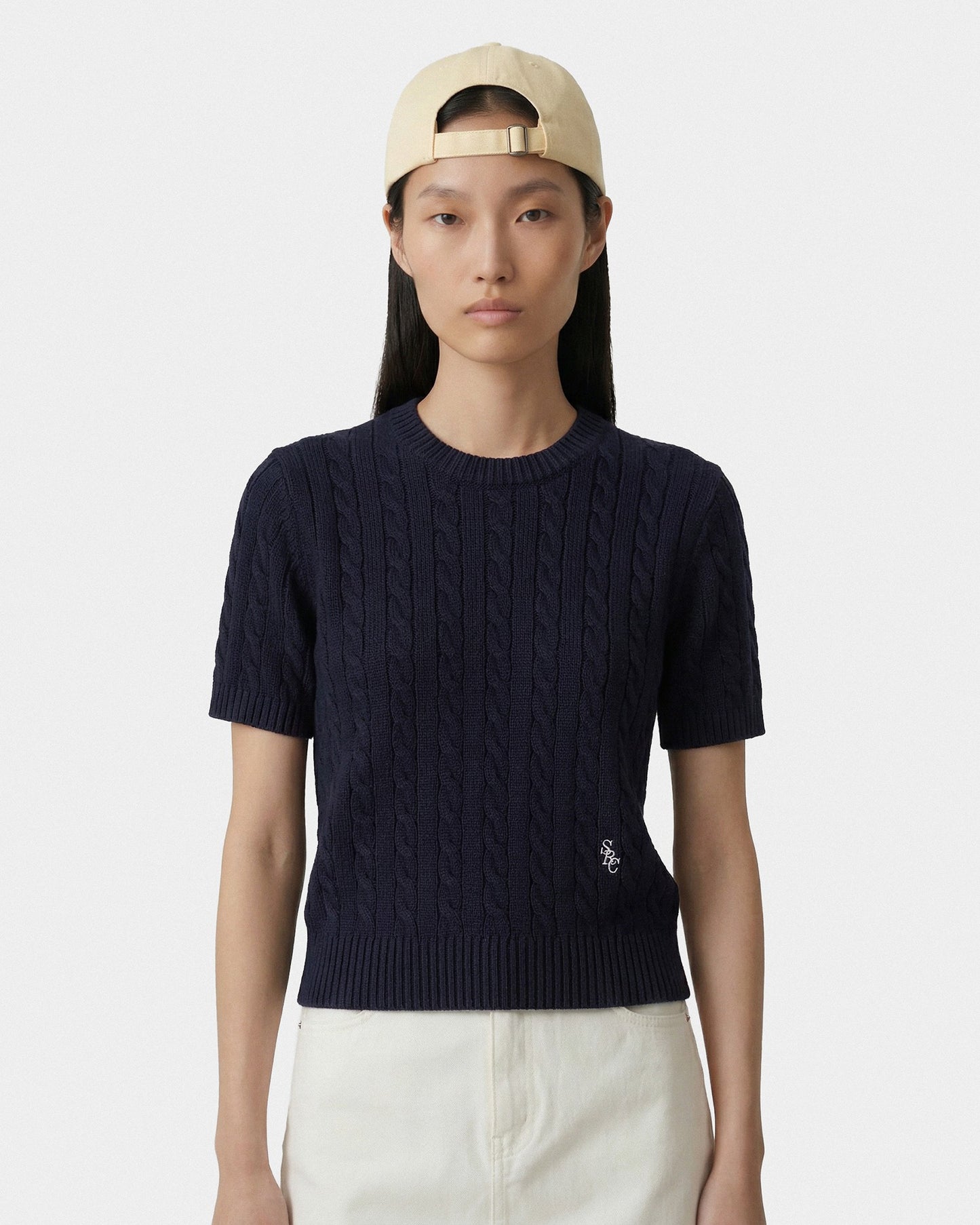 SRC Cotton Cableknit Sweater - Navy/White