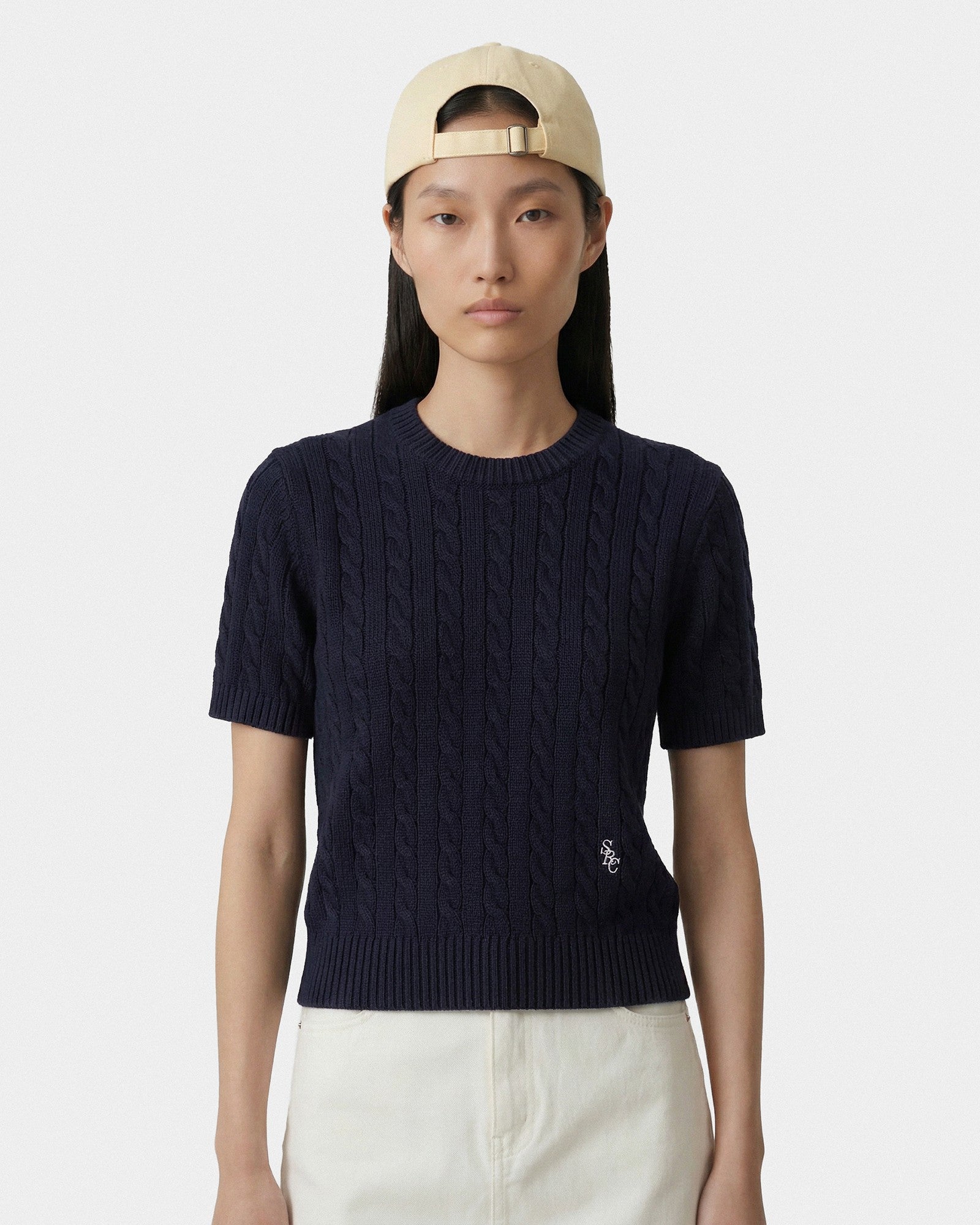 SRC Cotton Cableknit Sweater - Navy/White