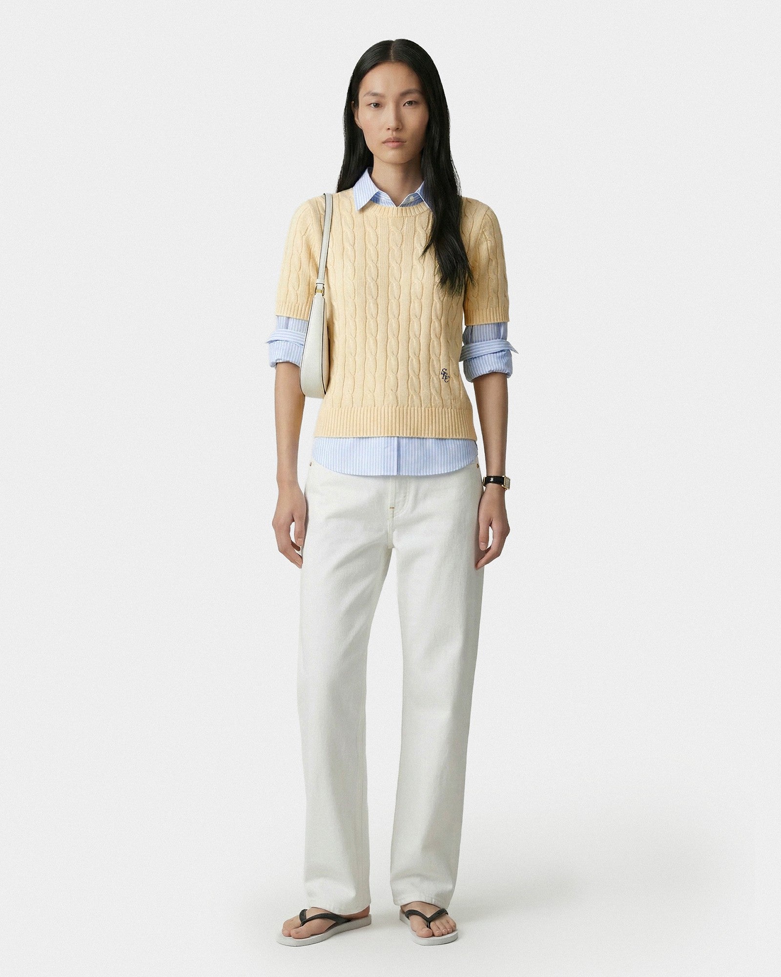 SRC Cotton Cableknit Sweater - Almond/Navy