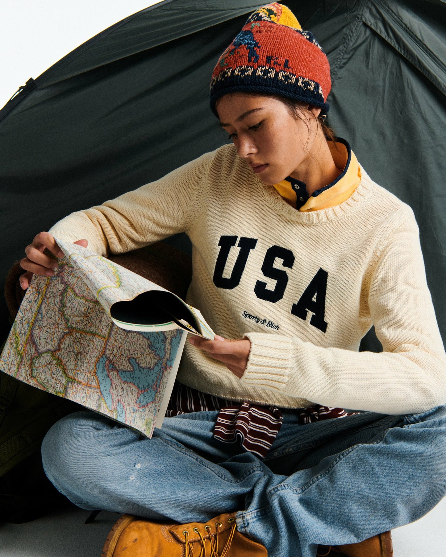 USA Knitted Sweater - Ecru/Navy