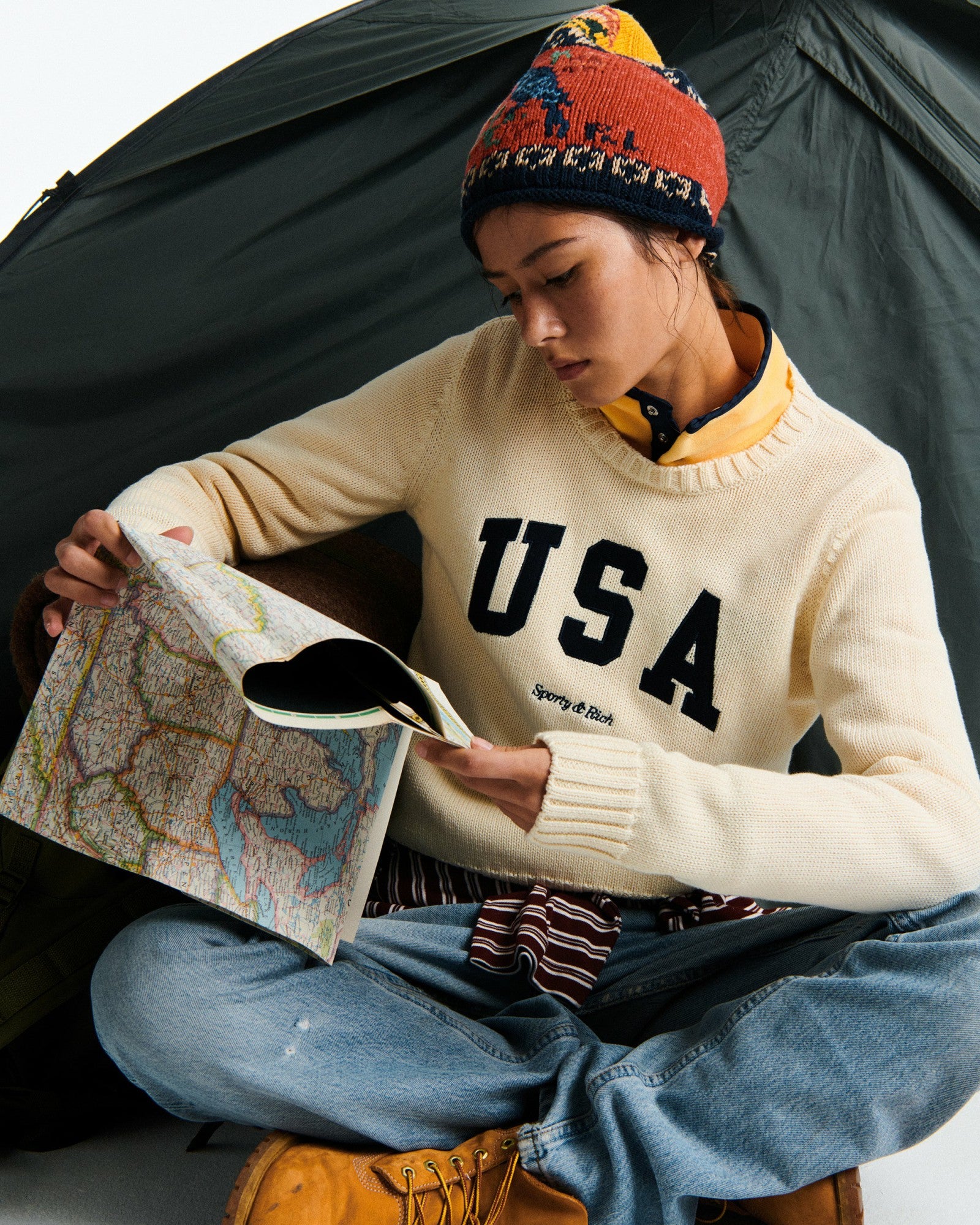 USA Knitted Sweater - Ecru/Navy