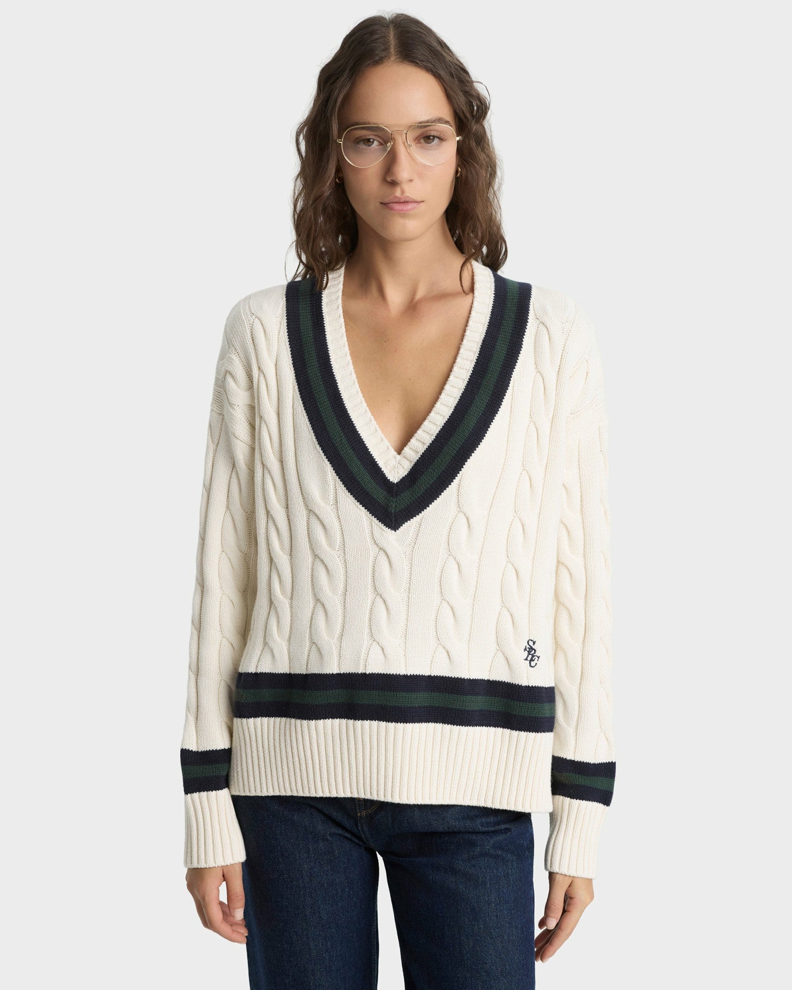 SRC Cableknit V-Neck Sweater - Ecru/Navy/Forest