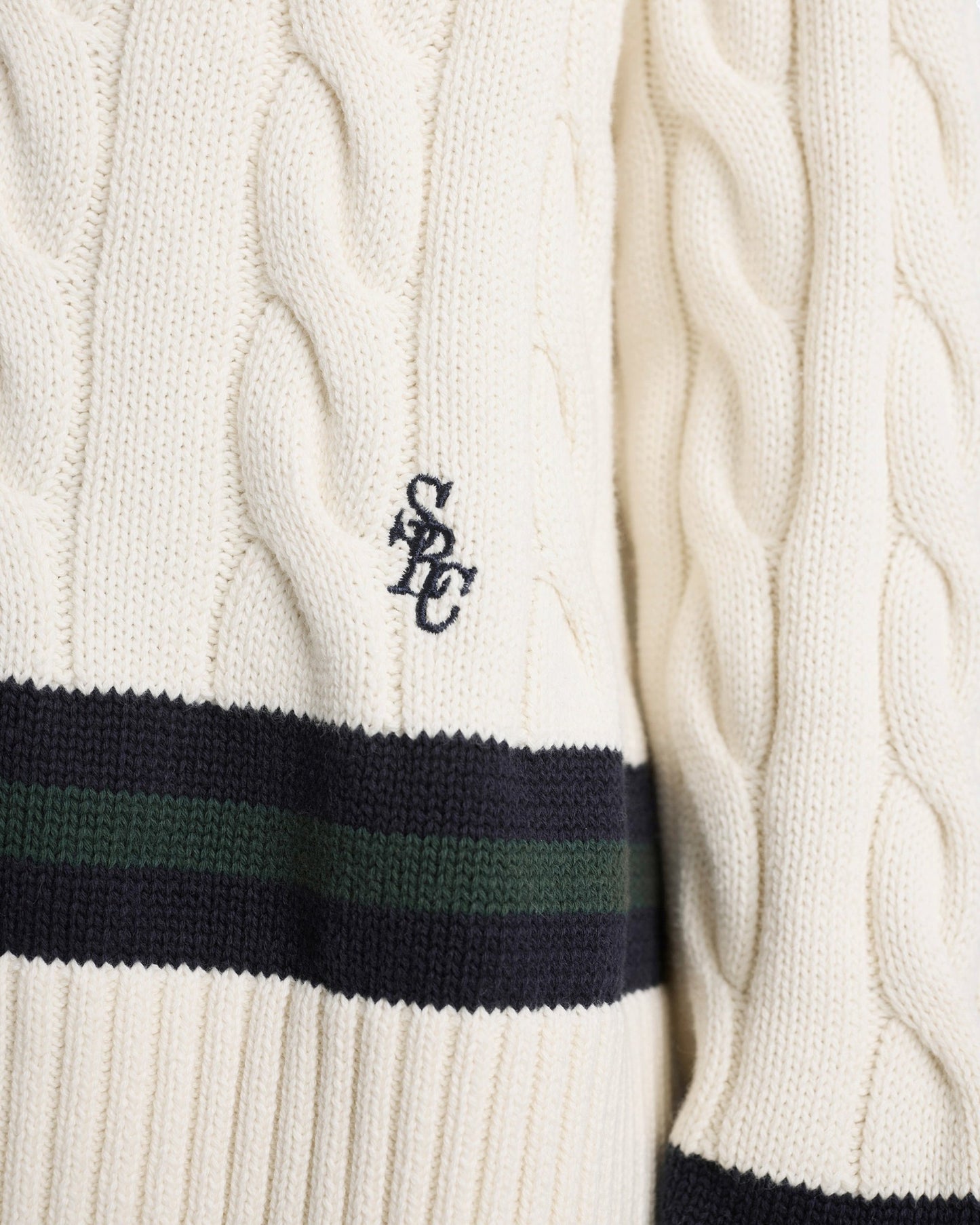 SRC Cableknit V-Neck Sweater - Ecru/Navy/Forest